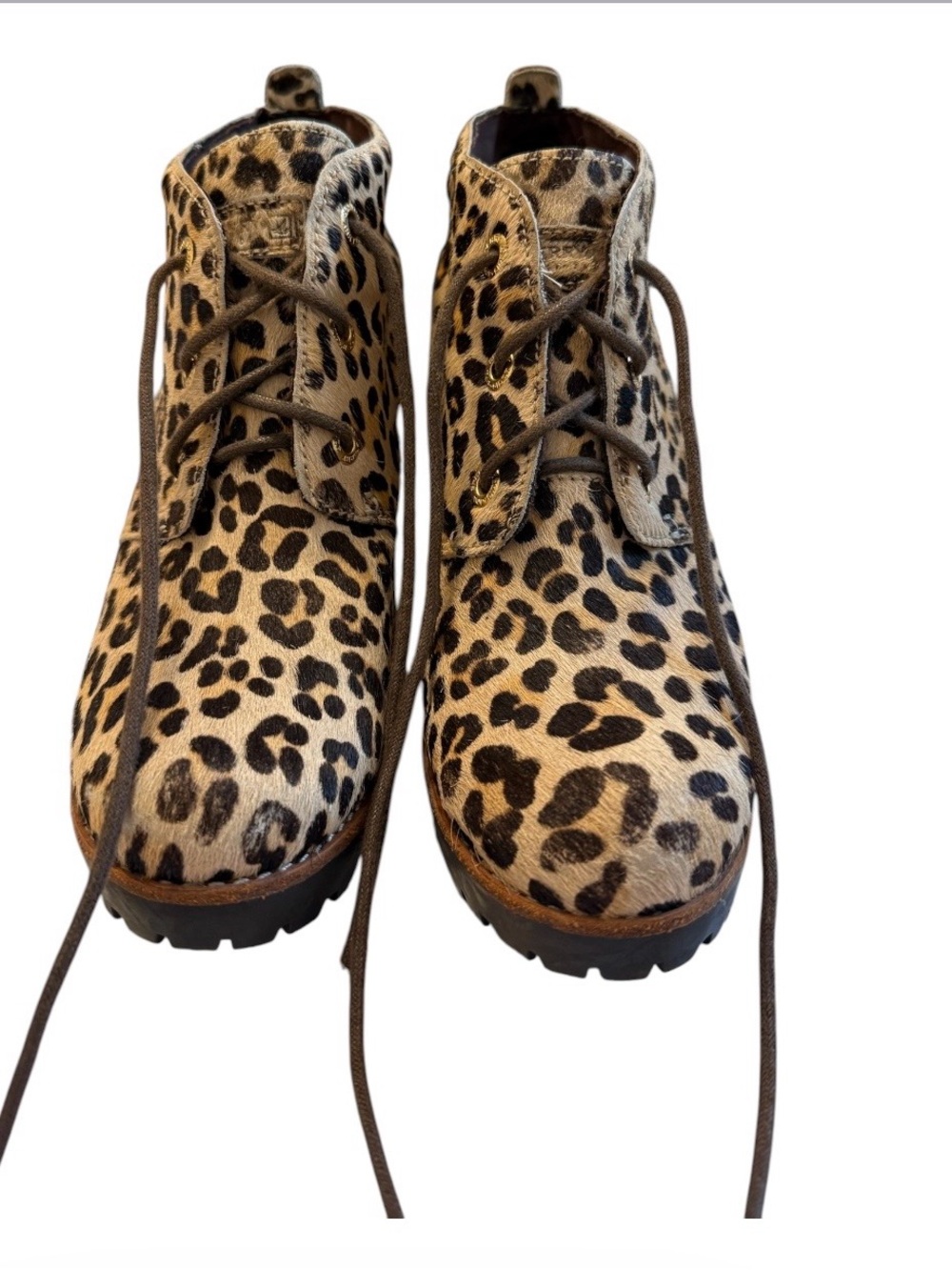 Sperry Leopard Leather Lace Up Ankle Boots Chunky Heel Lug Sole Women’s 8.5M